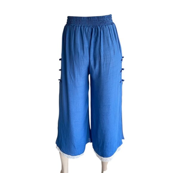 Wide Leg Linen Cotton Blue & Whited Cropped Pants Sz 6 - Picture 4 of 13